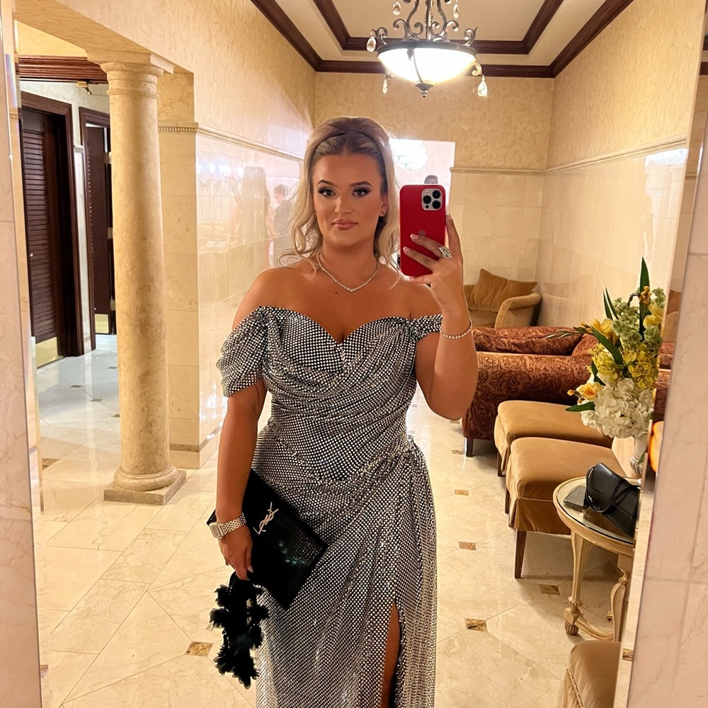 NORA Silver Ruched Off-Shoulder Gown with Slit